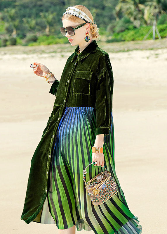 Style Blackish Green Striped Silk Velour Patchwork Button Maxi Dress Long Sleeve