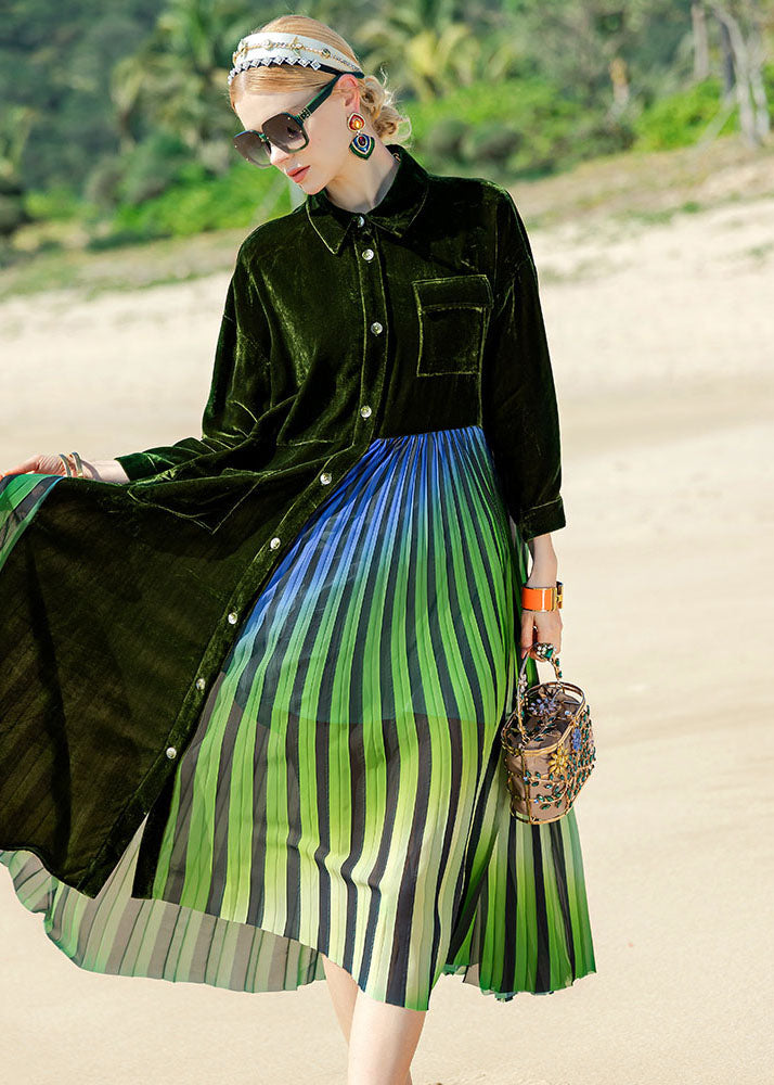 Style Blackish Green Striped Silk Velour Patchwork Button Maxi Dress Long Sleeve