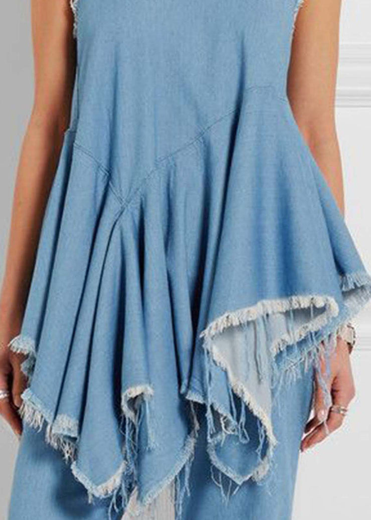 Style Blue Asymmetrical Design Exra Large Hem Denim Vests Sleeveless