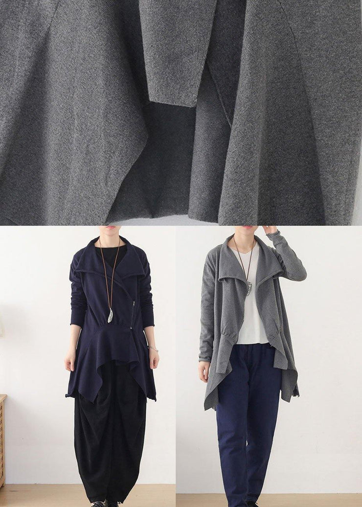 Style Blue Asymmetrical Design Zippered Fall Coat Short - SooLinen
