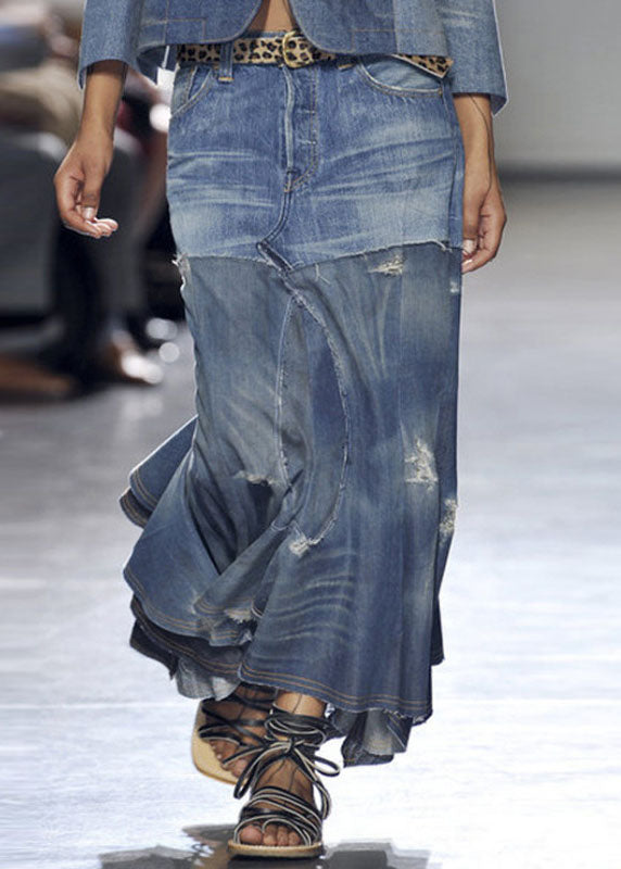 Style Blue Asymmetrical Wrinkled Pockets Patchwork Denim Skirt Summer