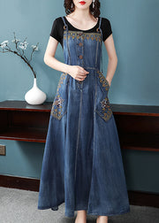 Style Blue Button Qocket Embroidered Spaghetti Strap Cotton Dresses Spring
