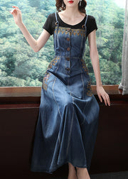 Style Blue Button Qocket Embroidered Spaghetti Strap Cotton Dresses Spring