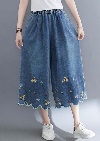 Style Blue Embroideried Crop Wide Leg Summer Pants - SooLinen