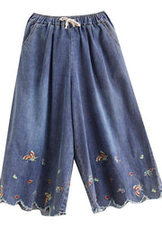 Style Blue Embroideried Crop Wide Leg Summer Pants - SooLinen