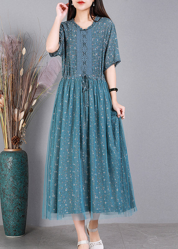 Style Blue Embroidered Floral Ruffles Tulle Long Dresses Short Sleeve