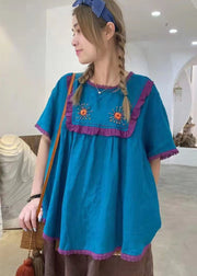 Style Blaues besticktes Patchwork-Baumwollhemd mit kurzen Ärmeln