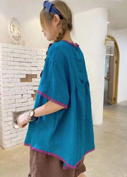Style Blue Embroidered Patchwork Cotton Shirt Short Sleeve