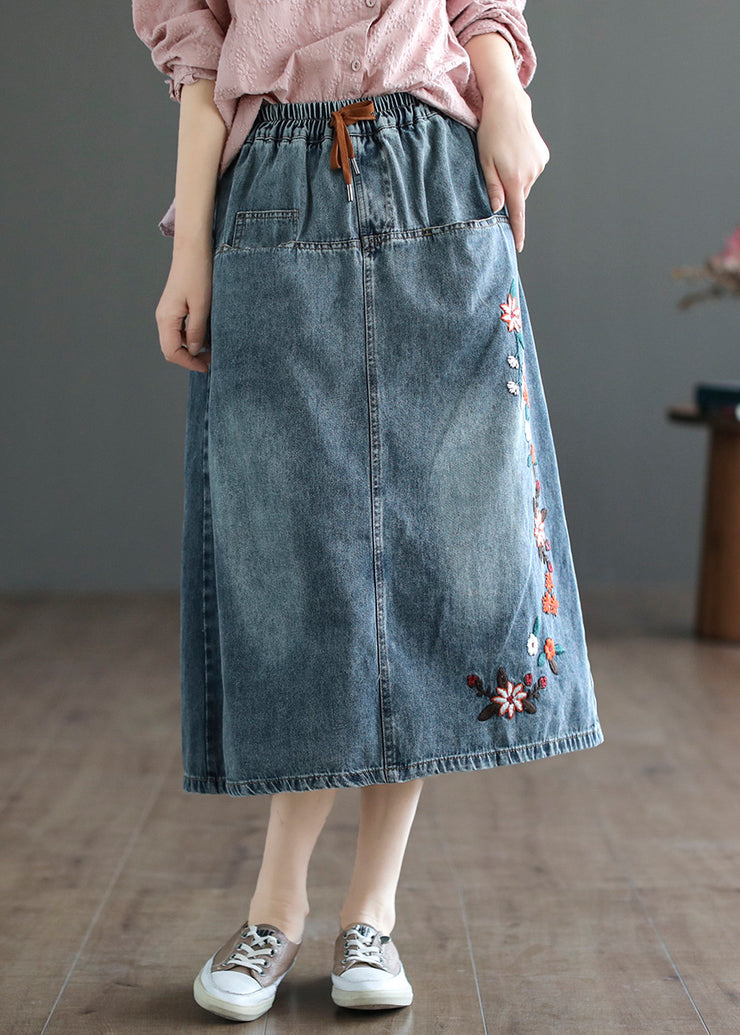 Style Blue Embroidered Patchwork Elastic Waist Denim A Line Skirts Summer