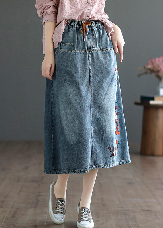 Style Blue Embroidered Patchwork Elastic Waist Denim A Line Skirts Summer