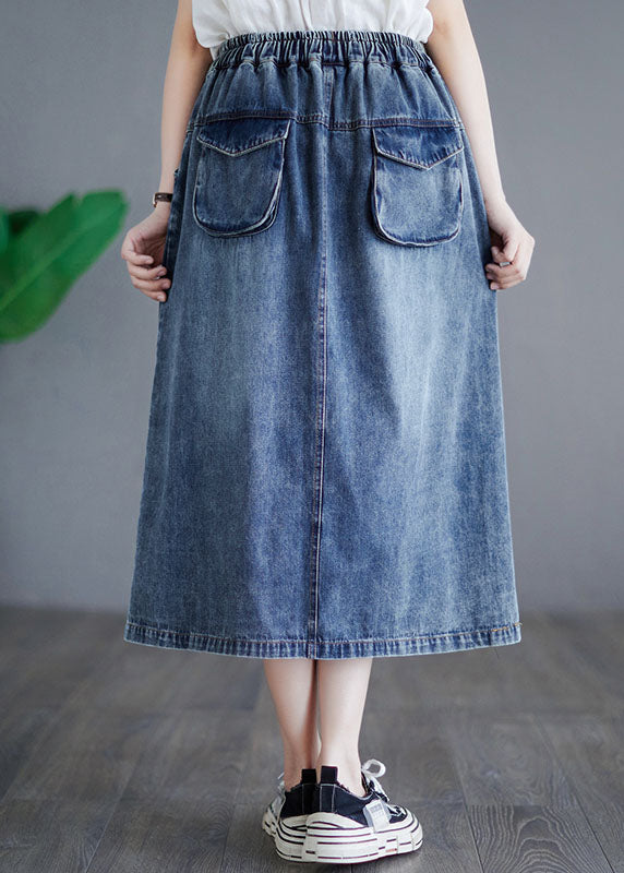 Style Blue Embroidered Pockets Elastic Waist Patchwork Cotton Skirt Summer