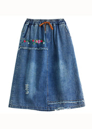 Style Blue Embroidered Pockets Elastic Waist Patchwork Cotton Skirt Summer