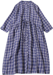Style Blue Grey Plaid Pockets Cinched Tie Waist Fall Patchwork Robe Dresses Long sleeve - SooLinen