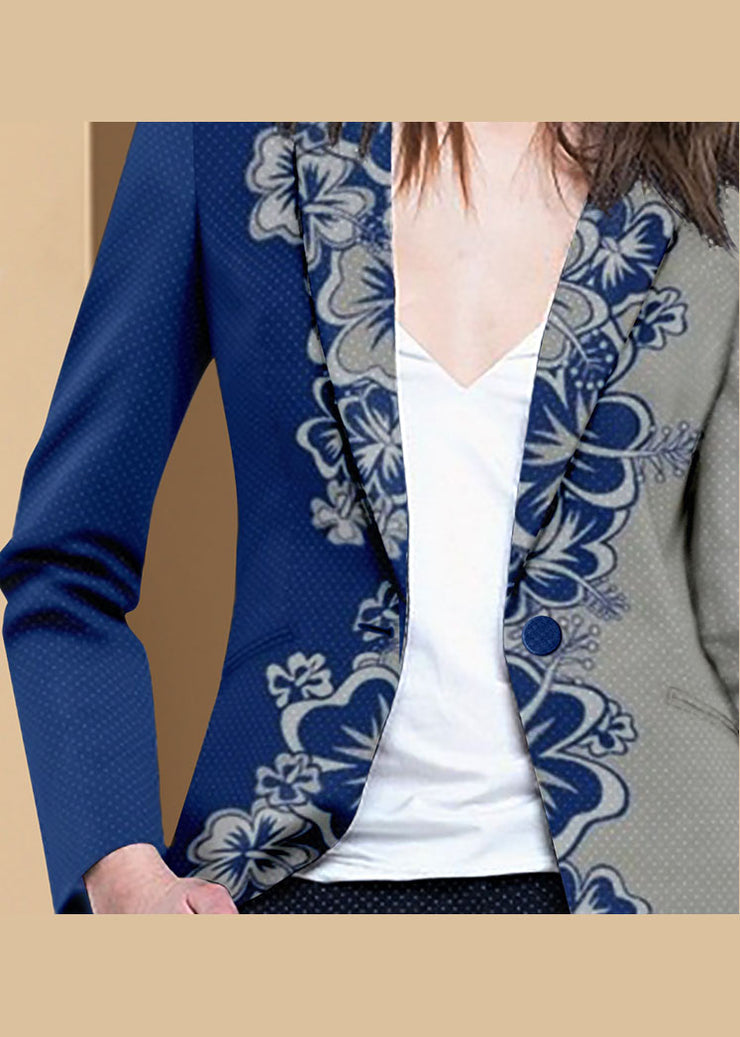 Stil Blau Grauer Knopf Bubikragen Drucken Westlicher Kleidungsmantel Langarm