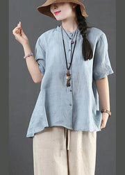 Style Blue Half Sleeve Linen Shirt Tops Summer - SooLinen
