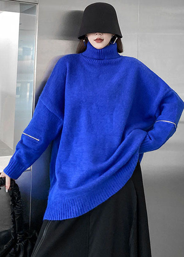 Style Blue High Neck Zippered Oversized Knit Sweater Tops Winter