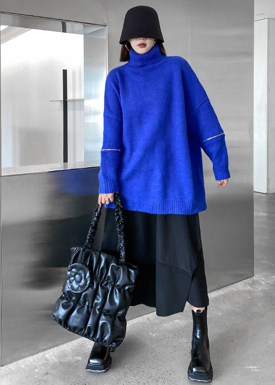 Style Blue High Neck Zippered Oversized Knit Sweater Tops Winter