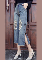 Style Blue High Waist Pockets Side Open Sequins Cotton Denim Crop Pants Summer