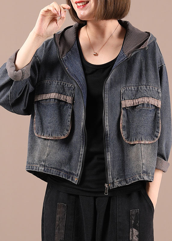 Style Blue Hooded Loose Pockets Button Fall Coat Long Sleeve