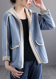 Style Blue Hooded Pockets Patchwork Cotton Coat Spring