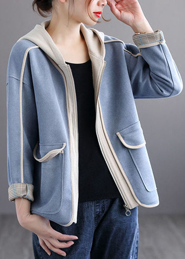 Style Blue Hooded Pockets Patchwork Cotton Coat Spring
