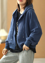 Style Blue Hooded Zippered Pockets Fall Sweatshirts Top