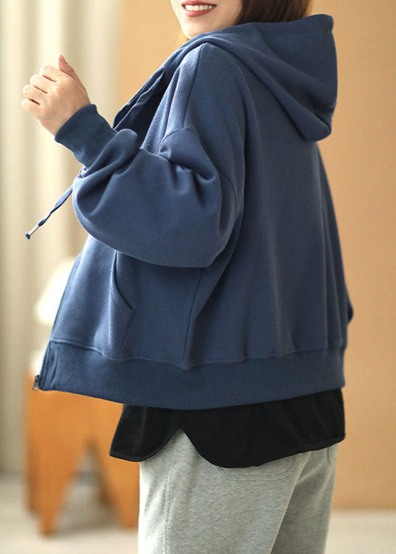 Style Blaue Kapuzentaschen mit Reißverschluss Herbst Sweatshirts Top