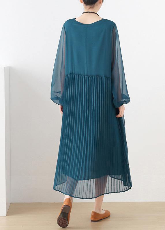 Style Blue Long Sleeve Chiffon O-Neck Summer Dresses - SooLinen