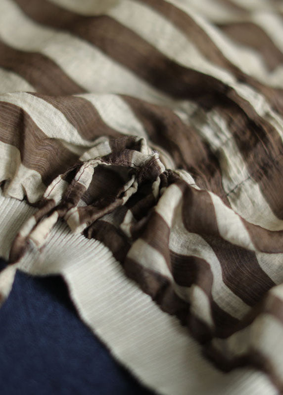 Style Blue O-Neck Drawstring Striped Print Linen Tank Top Batwing Sleeve