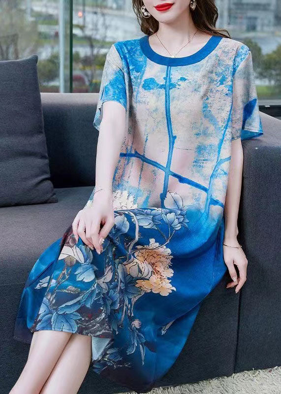 Style Blue O Neck Print Patchwork Chiffon Dresses Summer