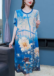 Style Blue O Neck Print Patchwork Chiffon Dresses Summer