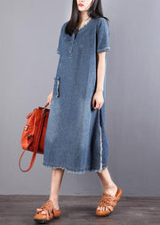 Style Blue O-Neck Tassel Pocket Side Open Cotton Vacation Denim Dresses Short Sleeve