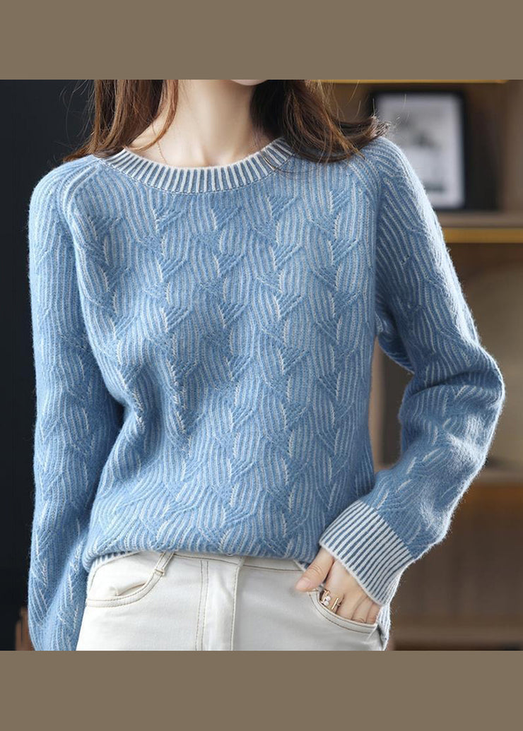Style Blue O Neck Thick Patchwork Cozy Knit Short Sweater Fall