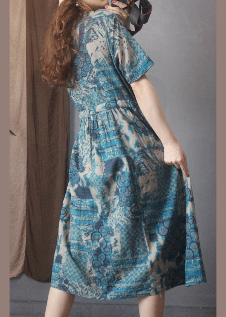 Stil Blaues Leinenkleid mit O-Ausschnitt, Bindebund und kurzen Ärmeln
