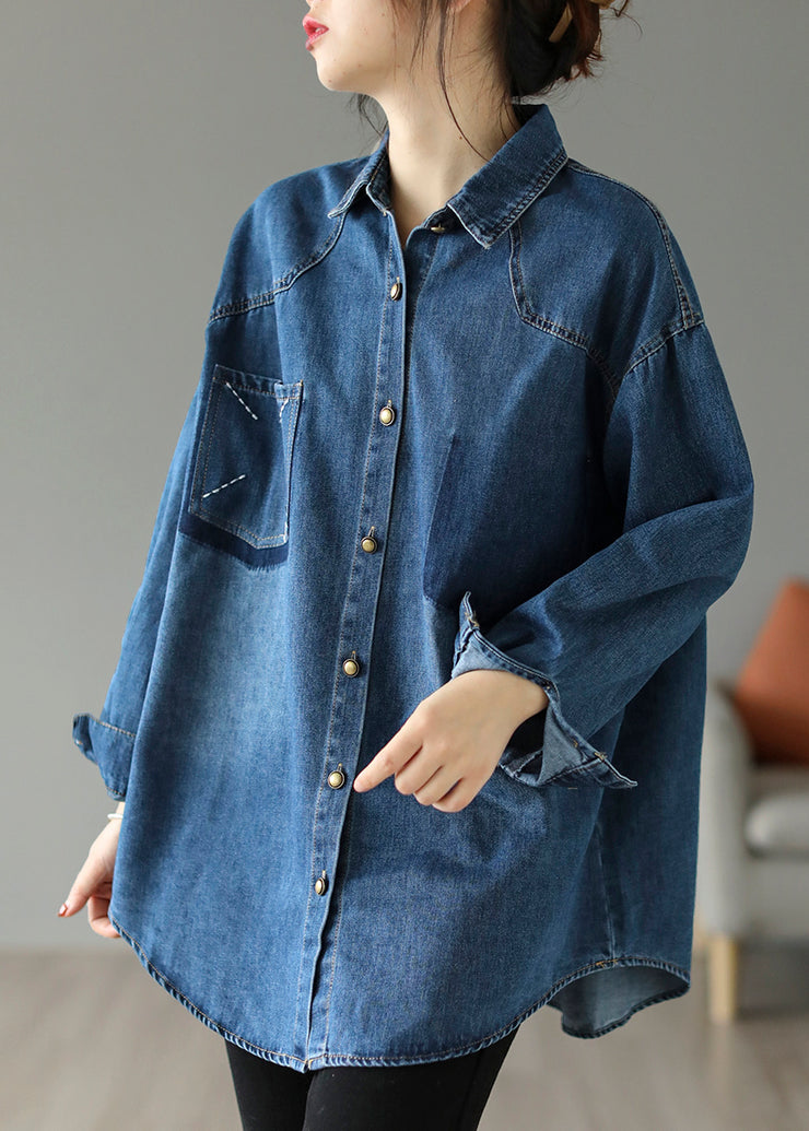 Style Blue Oversized Embroidered Pocket Denim Jackets Spring