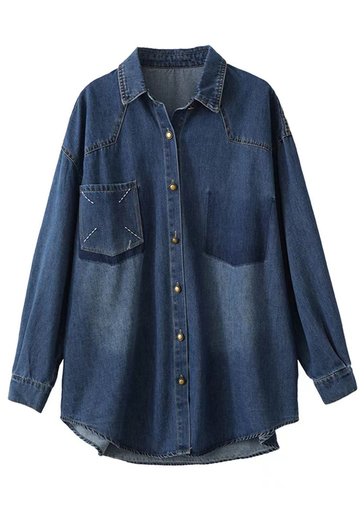 Style Blue Oversized Embroidered Pocket Denim Jackets Spring