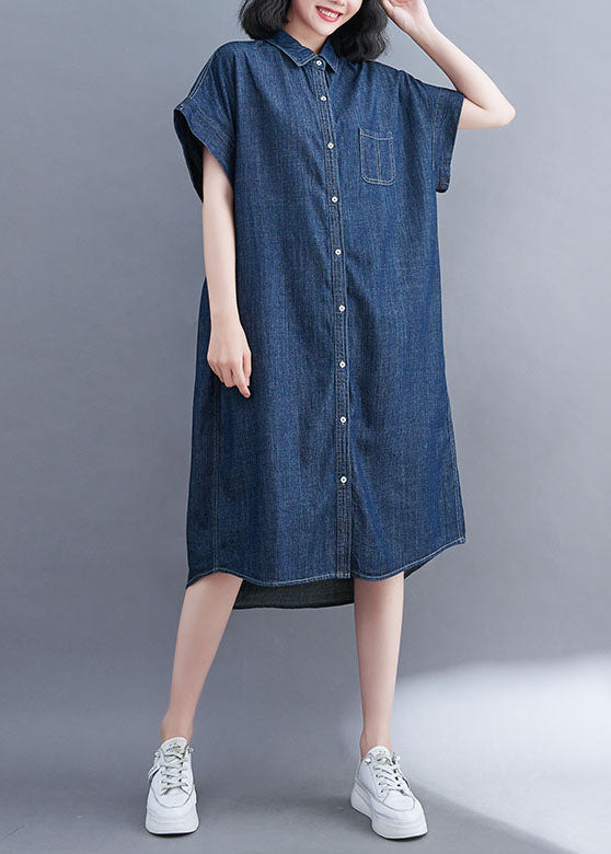 Style Blue Oversized Pocket Cotton Denim Shirt Dress Short Sleeve