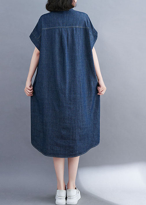 Style Blue Oversized Pocket Cotton Denim Shirt Dress Short Sleeve