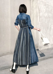 Style Blue Peter Pan Collar Patchwork Striped Denim Cinched Dress Spring
