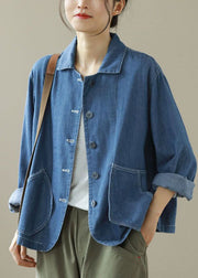 Style Blue Peter Pan Collar Pockets Patchwork Denim Coats Spring