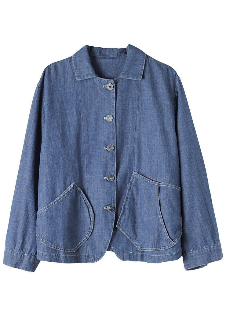 Style Blue Peter Pan Collar Pockets Patchwork Denim Coats Spring