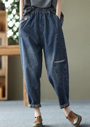Style Blue Pockets Patchwork Denim Crop Pants Spring