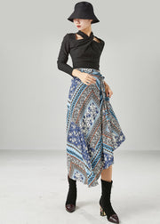 Style Blue Print Asymmetrical Design Chiffon Skirt Summer