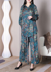 Style Blue Print Oversized Low High Design Silk Two Pieces Set Spring