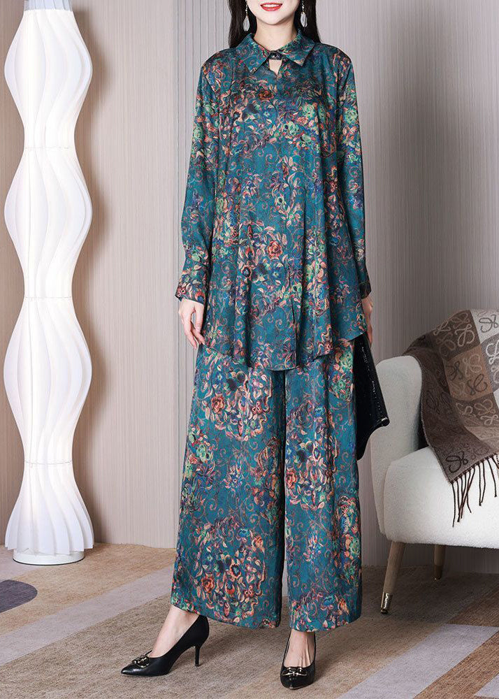 Style Blue Print Oversized Low High Design Silk Two Pieces Set Spring