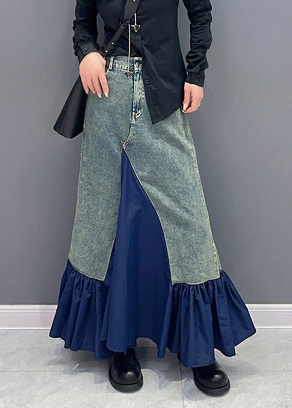 Style Blue Ruffled Pockets Patchwork Slim Fit Denim Skirt Fall