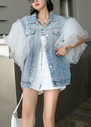 Style Blue Ruffled Tulle Patchwork Button Coats Short Sleeve