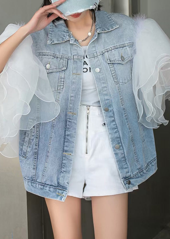 Style Blue Ruffled Tulle Patchwork Button Coats Short Sleeve