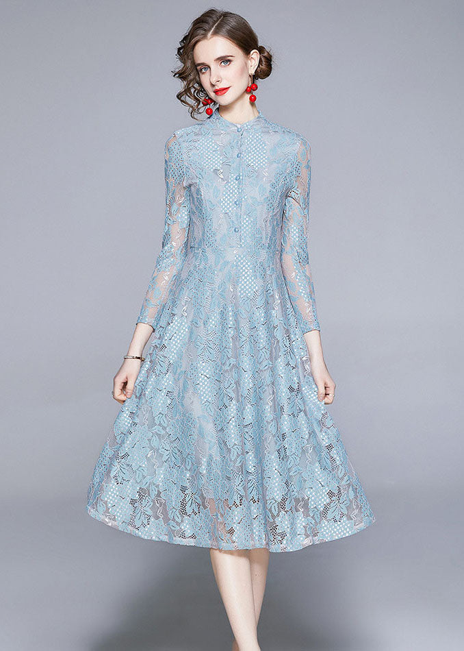 Style Blue Stand Collar Hollow Out Patchwork Lace Dress Summer