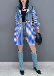 Style Blue Striped Patchwork False Two Pieces Denim Hoodies Outwear Long Sleeve